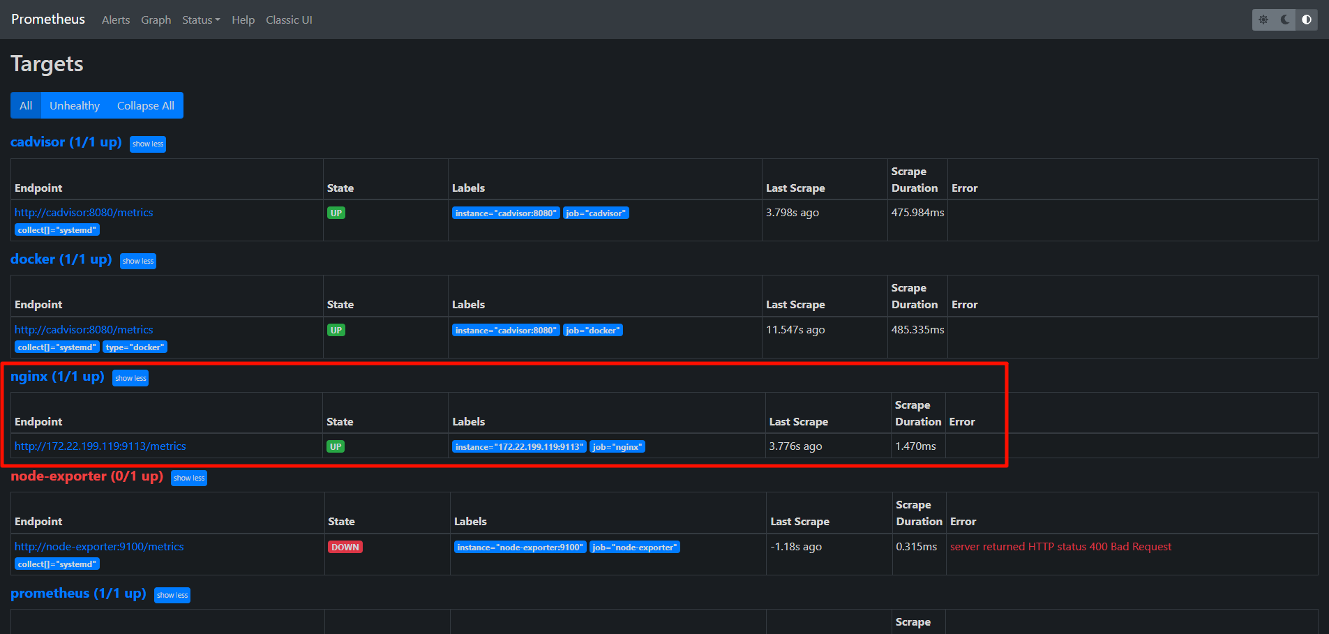 Prometheus Web UI 中的 Target 状态页面