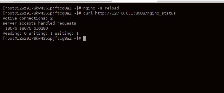 在命令行中使用 `curl` 命令访问 Nginx 的 `/nginx_status` 端点,返回原始的状态信息,如活跃连接数等